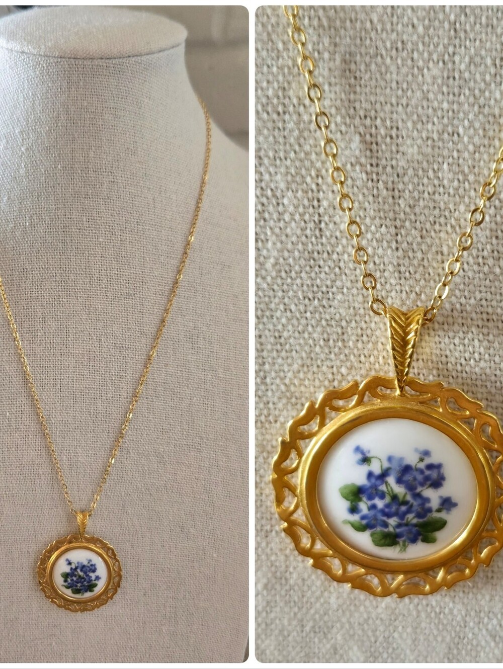 Vtg Mid Cent. Hand Painted Hammersley Pendant Necklace Victorian Violets, SIGNED